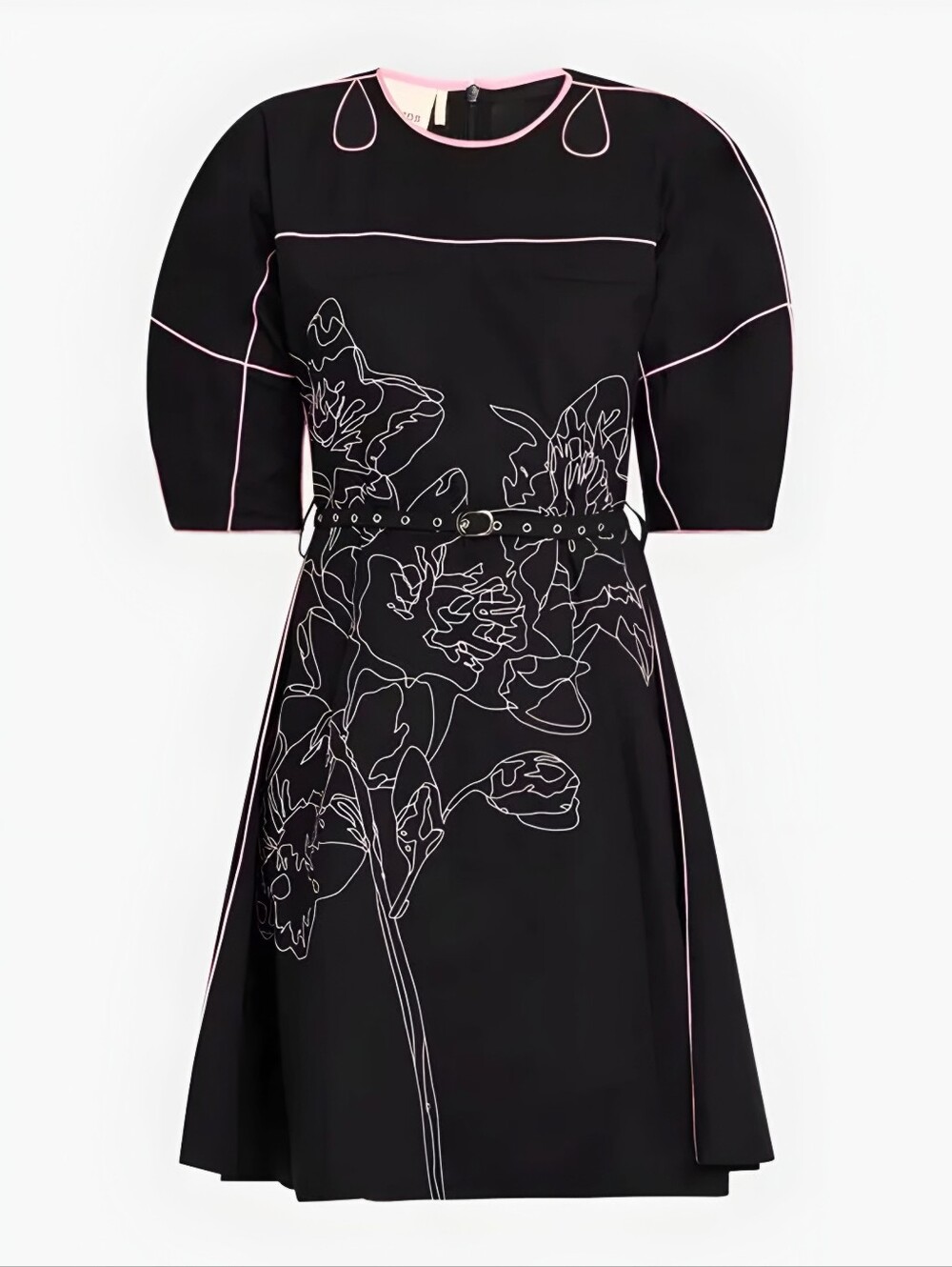 LOVEBIRDS Black Pink Sahara Floral Embroidered Belted Dress, XS